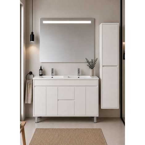 Badmöbel mit Waschbecken ORIGENBATH ISQUIA ohne Spiegel 120x45 cm Doppelwaschbecken nordisch weiß mit Säule (1/5)