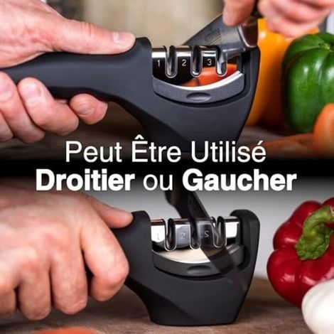 Aiguiseur à 3 phases Smart Sharp - pour couteaux de cuisine - résultat professionnel/design ergonomique - pierre céramique/carbure tungstène/diamant - finition noire/chromée (1/3)