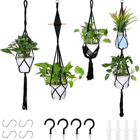 4 Porte-pots Macramé, Coton Tissé Main, Crochets Inclus, Pour Intérieur Et Extérieur, Salon Balcon (1/5)