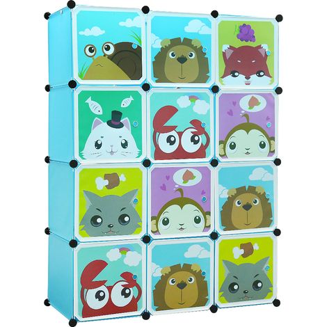 Kleiderschrank Kinder Steckregal mit Tiermotiven Kunststoff Stecksystem[Blau]