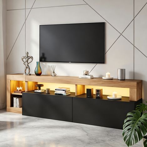 Meuble TV LED 184x42x58 cm pour TV 80 pouces avec 2 portes abattantes, passe-câbles, panneaux de particules, noir et bois (1/5)