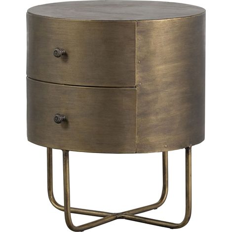 Table de chevet rond en métal laiton – 2 tiroirs – Dimensions 39x39x48 cm – Style rétro et contemporain – Whitelabel (1/5)
