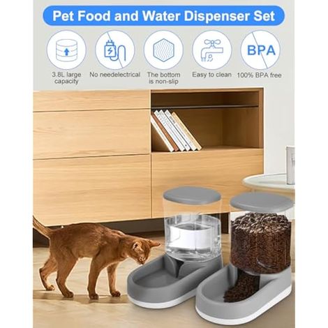 Distributeur Croquettes Chat Automatique,Distributeur Eau Chien, 2 X 3.8 L (1/4)