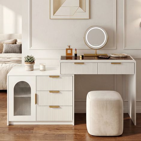Tavolo da trucco allungabile, tavolo da trucco modulare 90+80x40x75-60cm con specchio a LED, 5 cassetti, 1 anta in vetro, bianco e oro (1/5)