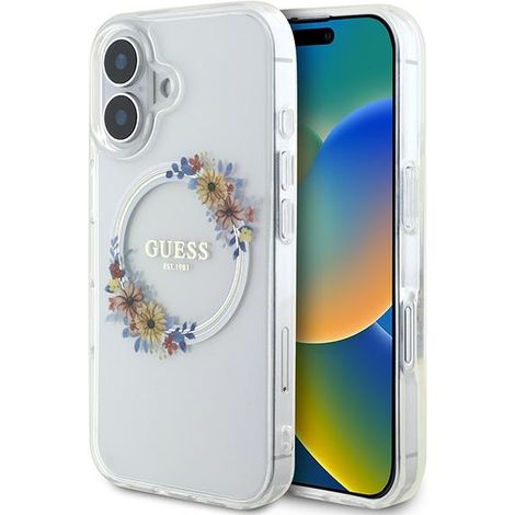 Funda rígida transparente Guess GUHMP16MHFWFCT para iPhone 16 Plus de 6,7 pulgadas, con diseño de corona de flores IML y MagSafe. (1/5)