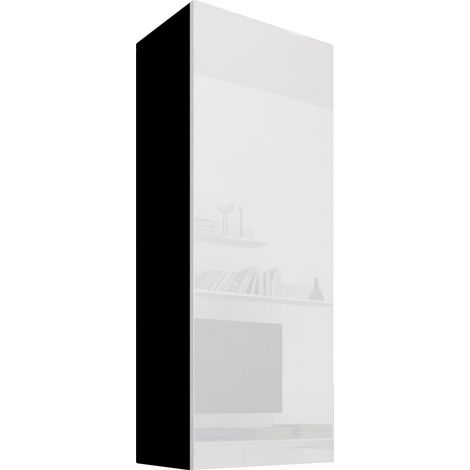 Armario colgante  Vitrina  Mueble de Salón  Armario de pared  1 puerta 3 compartimentos  40x126x29cm  Modelo Nora V1  Negro y Blanco brillo