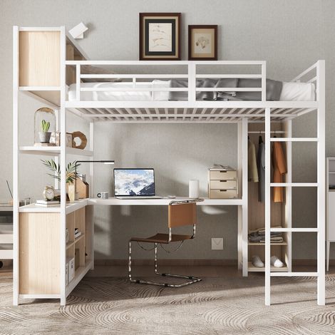 Cama alta 140x200 cm blanca de metal y madera con armario y escritorio (1/5)