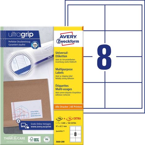 Avery-Zweckform 3660-200 Etichetta universale 97 x 67.7 mm Carta Bianco 1760 pz. A tenuta permanente Stampante laser a (1/5)