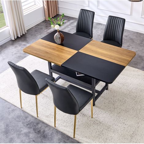 Conjunto de comedor rectangular 160x90x76 cm con 4 sillas de PU y estante, negro y dorado (1/5)