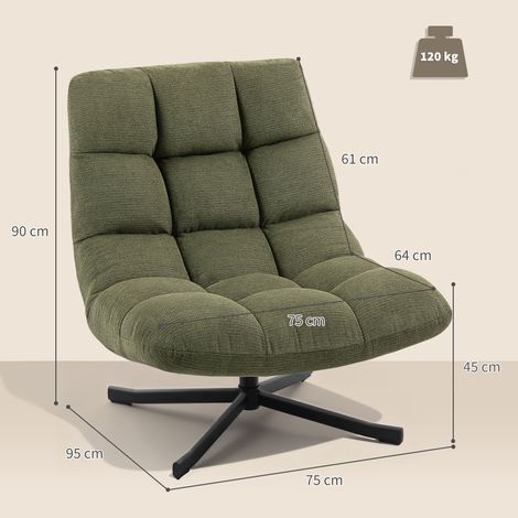 Fauteuil pivotant avec assise large, aspect chenille déperlant, pieds croisés en acier, vert (1/5)