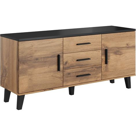 Mueble TV Larfloi 107, Roble wotan + Negro, Número de puertas: 2, Número de cajones: 3, 150x69x45cm