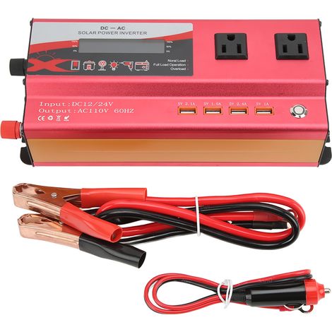 Convertisseur de puissance rouge 900W, onde sinusoïdale corrigée, convertisseur CC 12V/24V vers CA 110V pour voiture, avec deux prises de courant standard américaines, 4 ports USB et éclairage d'ambia (1/5)