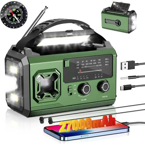 Radio à manivelle de 27000 mAh, radio d'urgence FM/AM avec Bluetooth, radio solaire portable avec chargeur de téléphone, radio d'urgence avec alarme SOS/lampe de poche/boussole pour camping en plein