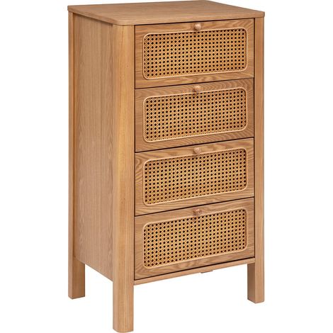 Chiffonier Tiria en placage frêne 4 tiroirs 55x38cm – Cannage en rotin – Meuble de rangement bohème – Atmosphera
