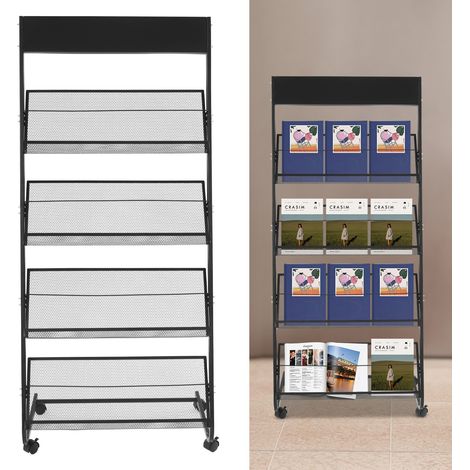 Présentoir à brochures 4 niveaux, porte-brochures sur pied avec roulettes, présentoir à magazines mobile pour expositions, bureaux, hôtels, salons artisanaux, noir