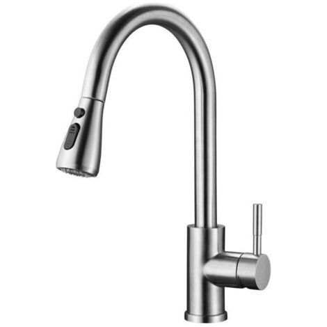 Rubinetto da cucina in acciaio inox con doccetta estraibile, rubinetto per lavello da cucina a maniglia singola in nichel spazzolato ad arco alto (1/4)