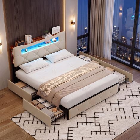 Lit avec tiroirs 140x190cm - 4 tiroirs de rangement en métal- Sommier à lattes,LED réglable et ports USB,tissu en velours beige - Structure robuste pour adultes et adolescents