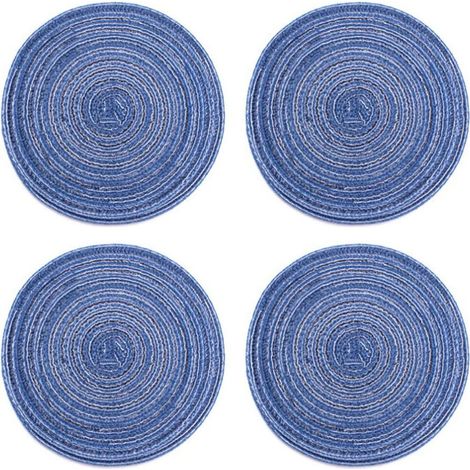 Tapis De Tasse, 4 Pièces De Coupe Circulaire, Tressage De Plaque De Cuvette Résistant à la Chaleur De Style Nordique(Bleu) (1/5)