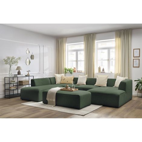 BOBOCHIC - Canapé panoramique fixe MEGEVE avec pouf tissu chiné Angle gauche Vert (1/5)
