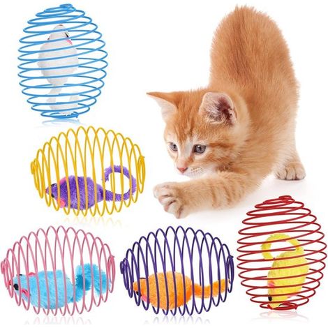 Balle à ressort pour chat - 5 pièces - Jouet à ressort extensible - Jouet interactif pour chat - Jouet pour chat et souris - Souris en cage - Cage en métal - Multicolore - Souris jouet pour chatons (1/5)