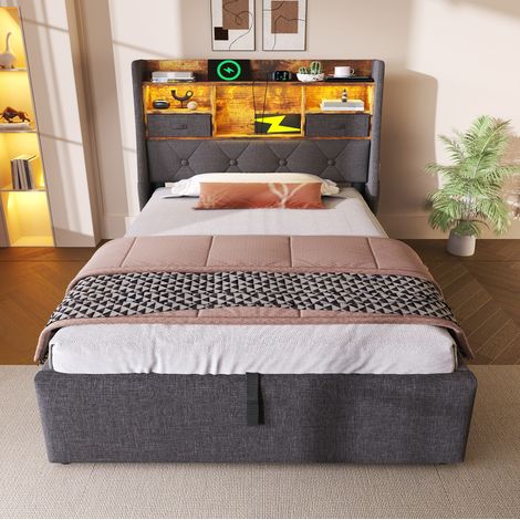 Letto singolo 90x200 cm grigio in lino con contenitore idraulico, LED e ricarica USB-C (1/5)