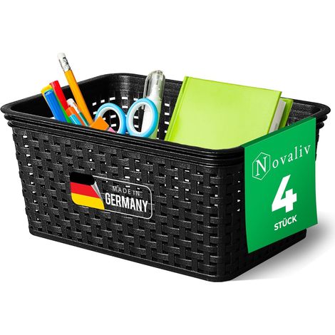 Paniers de rangement élégants Novaliv 4 pièces aspect rotin  Plastique noir 5L  pour le bureau et la maison. Boîtes de rangement polyvalentes