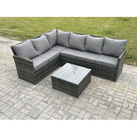 Fimous 6 Seater Outdoor Garden Furniture Set Wicker PE Rattan Corner Sofa Set with Square Coffee Table Dark Grey Mixed