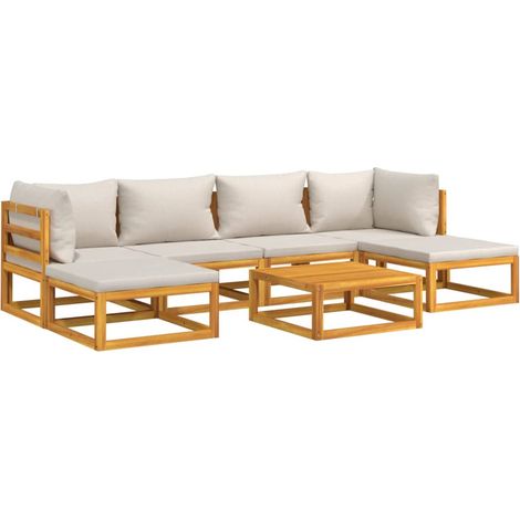 Salon de jardin meuble d'extérieur ensemble de mobilier 7 pièces avec coussins gris clair bois massif (1/5)