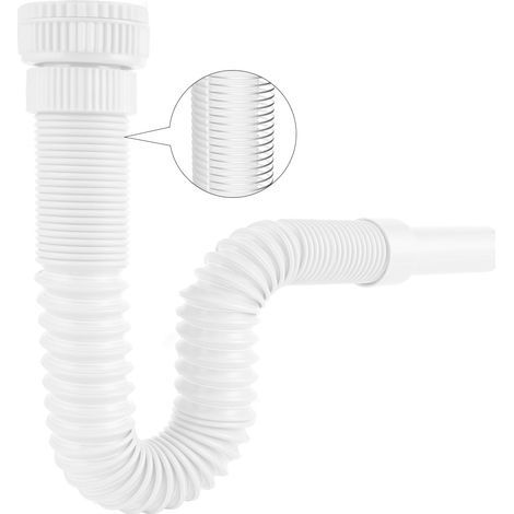Siphon Lavabo de Bain, Siphon Flexible Anti-Odeurs Avec Fil d'Acier Encastré, G1 1/4" (40.4mm) vers G1 1/2" (46.3mm) x 32mm, Siphon Evier, Evacuation Evier, Tuyau de Vidange Flexible, Blanc (1/5)