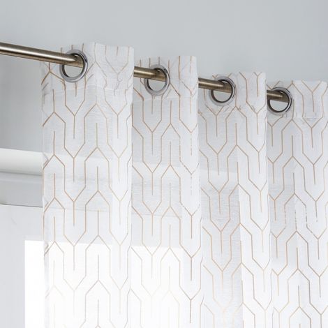 Centrale Brico – Voilage tamisant 140 x 250 cm – Motif géométrique doré – Polyester 100% – Oeillets métal blanc/or – Style classique chic