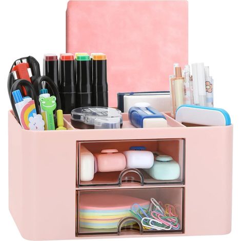 Organizzatore da Scrivania con Cassetto, Portapenne e Organizer da Tavolo, Forniture per Ufficio con 5 Scomparti & 2 Cassetti per Accessori da Scrivania per Bambini - Rosa (1/5)