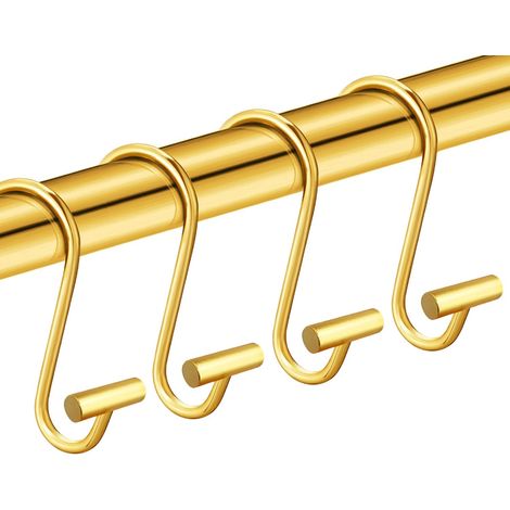 Goldene Duschvorhangringe, dekorative Ringe für Duschstangen im Badezimmer, Set mit 12 Stück, hochwertige rostfreie T-förmige Duschvorhanghaken aus Metall.