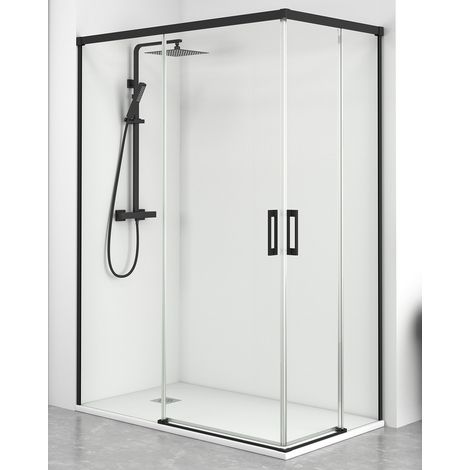 Mampara Ducha Rectangular Angular Corredera 2 Puertas 2 Fijos Cristal Templado 6mm Antical Transparente Perfil Negro Mate 70 cm (Adaptable 67-70cm) X 90cm (1/5)
