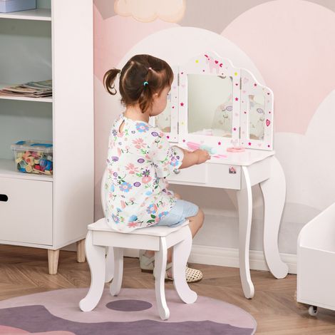 Coiffeuse Enfant avec Tabouret, Miroir triptyque et tiroir Coulissant - Coiffeuse dim. 63L x 40l x 85,5H cm (1/5)