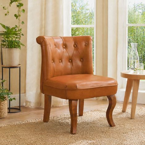 Fauteuil lounge 56x60,5x72,5 cm brun clair, dossier capitonné, cuir et bois, MEUBLIV (1/5)