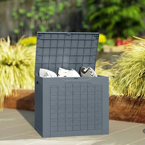 Coffre rangement extérieur 97 L poignées encastrées, étanche 56x41x50 cm gris clair. Coffre compact pour ranger vos accessoires en extérieur, étanche et discret. (1/5)