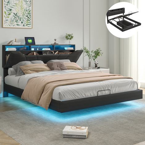 Lit double 140x200cm, Coffre de rangement, Sommier Inclus, avec port USB et LED, Tête de lit réglable, Chambre moderne, Noir, PU