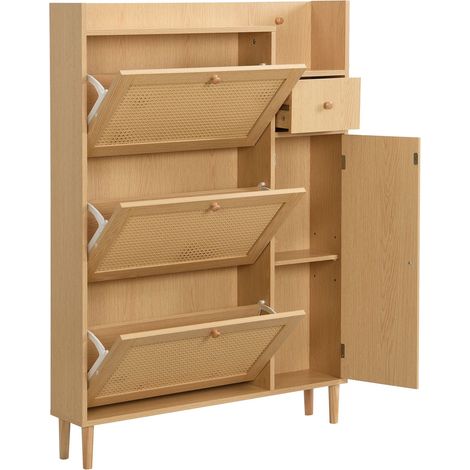 Meuble à chaussures en panneau de bois et rotin – adapté aux entrées étroites – 3 portes basculantes et 1 tiroir – avec pieds et poignées en bois massif – dimensions: B90/H125/T17 cm (1/5)