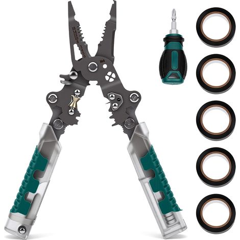 Pince multifonction pliable 23-en-1, pince d'électricien avec testeur de tension, comprenant des fonctions de dénudage, de coupe, de tournevis et de clé, lot de 5 pièces, avec 9 mètres de ruban isolan (1/5)