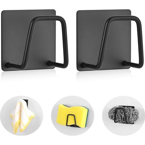 Lot de 2 porte-éponges autocollants pour la cuisine - Crochet argenté étanche pour éponge à vaisselle, lavabo et évier - Acier inoxydable - Noir