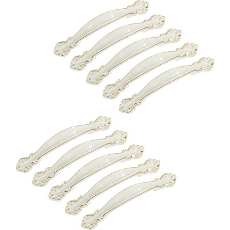 Juego de 10 tiradores para cajones de armario, color blanco marfil con detalles dorados, distancia entre orificios de 64 mm (2-1/2"), aleación de aluminio. (1/5)
