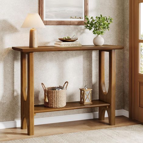 Tribesigns – Table console moderne 105x35x80 cm – 2 étagères en MDF et bois massif – Finition noyer clair – Montage facile – Pour salon, couloir, hall d'entrée