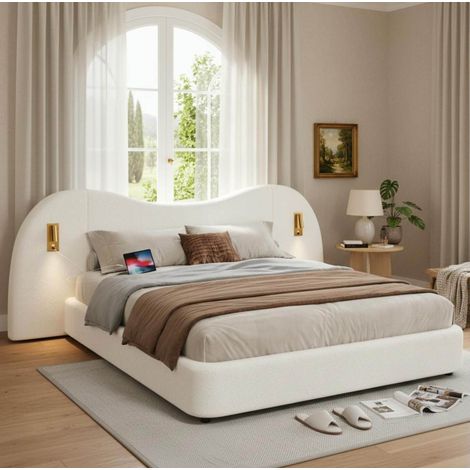 Cama con canapé 180x200 cm bouclé blanco, almacenaje, sin colchón - MEUBLIV (1/5)