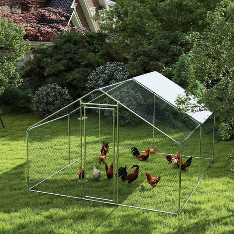 Poulailler, grand poulailler en métal avec couverture imperméable et anti-UV, cage pour 10-15 poules, 3 x 3,4 x 1,9m