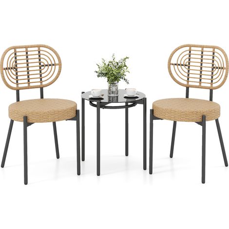 Ensemble de Meuble Bistro 3 PCS en Résine Tressée PE, Set de Conversation pour Patio avec Table Basse en Verre Trempé et Fauteuils en Rotin (1/5)