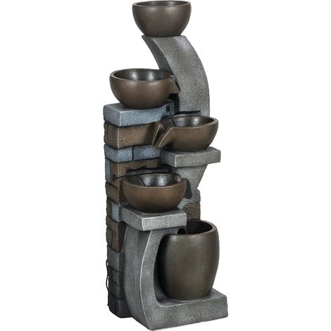 Gartenbrunnen, Backsteinoptik, 5-stufig, Solarbetrieb, LEDs, 107cm, Kunstharz, Grau/Braun