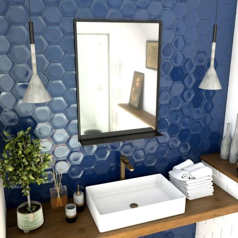 Miroir Salle de Bain 80x60cm - laqué Noir Mat avec étagères - Framed Mirror (1/4)