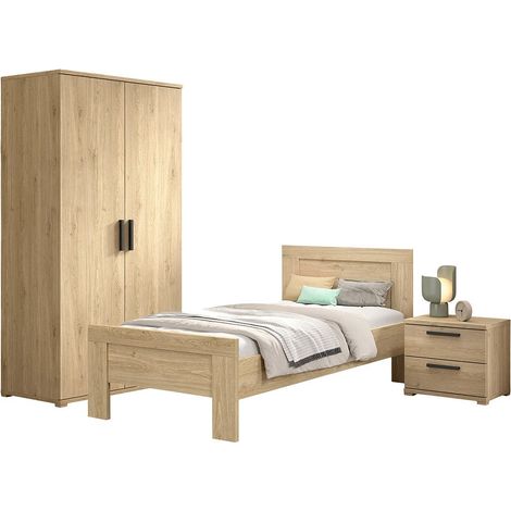 MARCO - Chambre Enfant Lit 90x200cm + Chevet + Armoire 2 Portes Aspect Chêne