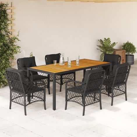 Salon de jardin 7 pièces noir, table et 6 chaises en résine tressée avec coussins - PANGIVO (1/5)