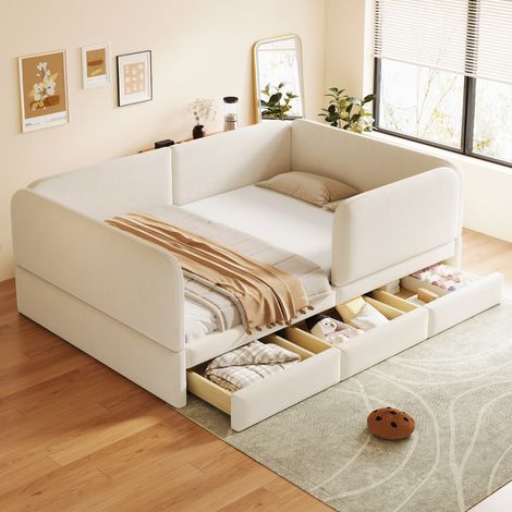 Lit coffre pour enfant 140 x 200 cm avec bord de sécurité tout autour et coins arrondis, avec tiroir de rangement, lit pour adolescent, tissu velours beige (sans matelas) (1/5)